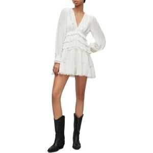 $329 ALLSAINTS Zora V-Neck Ruffled Mini Dress White Size 4